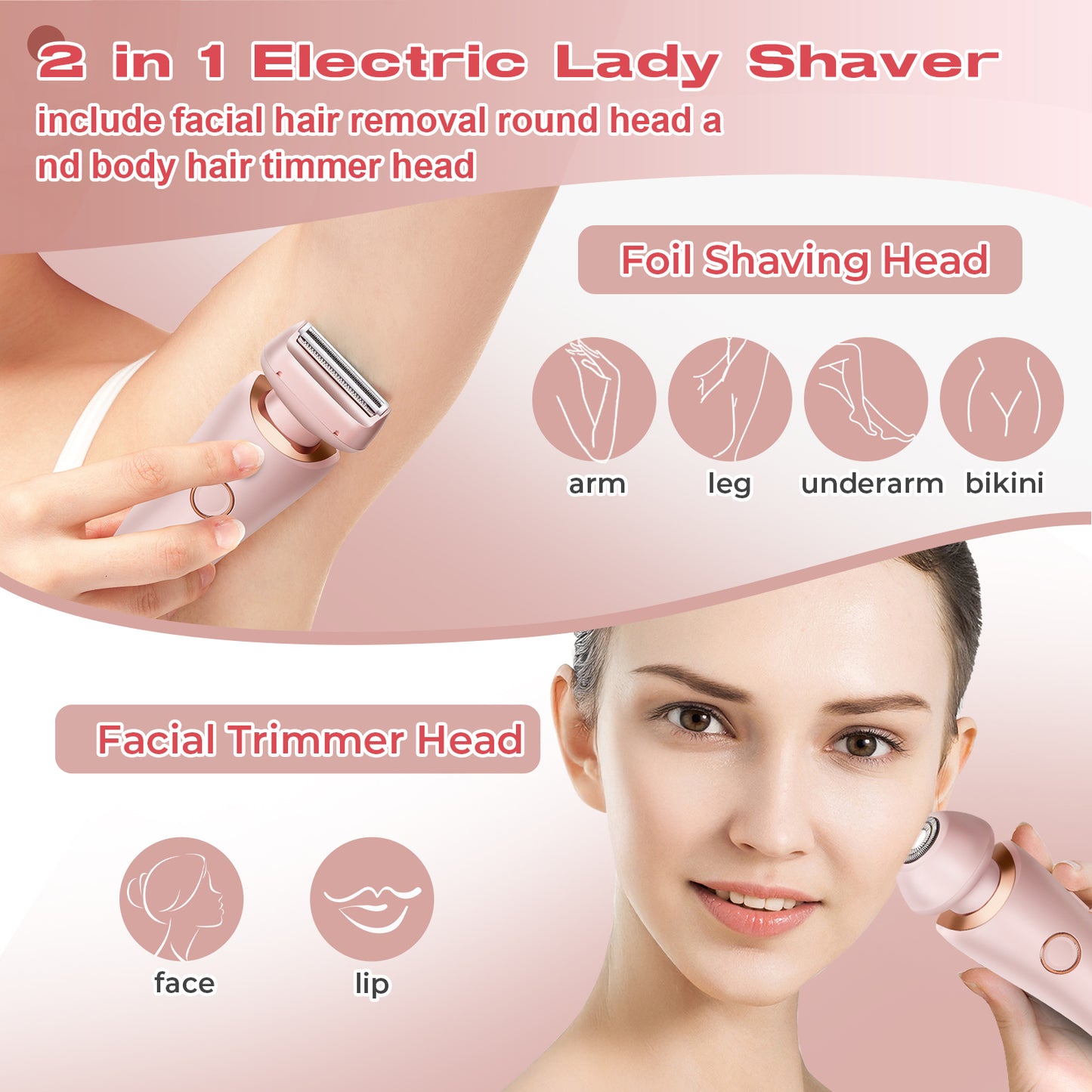 Lady Shaver,Electric Razors for Women, Shaver for Body, 2-in-1 Women Razors, Wet & Dry Intelligent Battery Display, Painless Portable Women's Razors, Face, Arms, Legs, Bikini Line, Easy Full Body Shaving